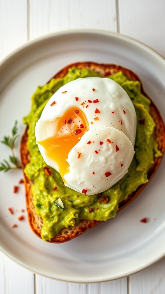Avocado toast with poached egg on a plate, garnished with red pepper flakes and herbs.